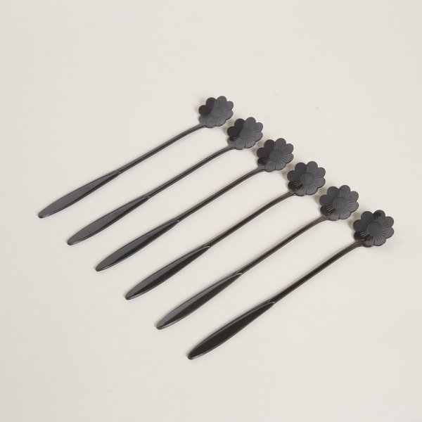 SET X 6 CUCHARAS DE ACERO NEGRO DISEÑO FLOR 18CM