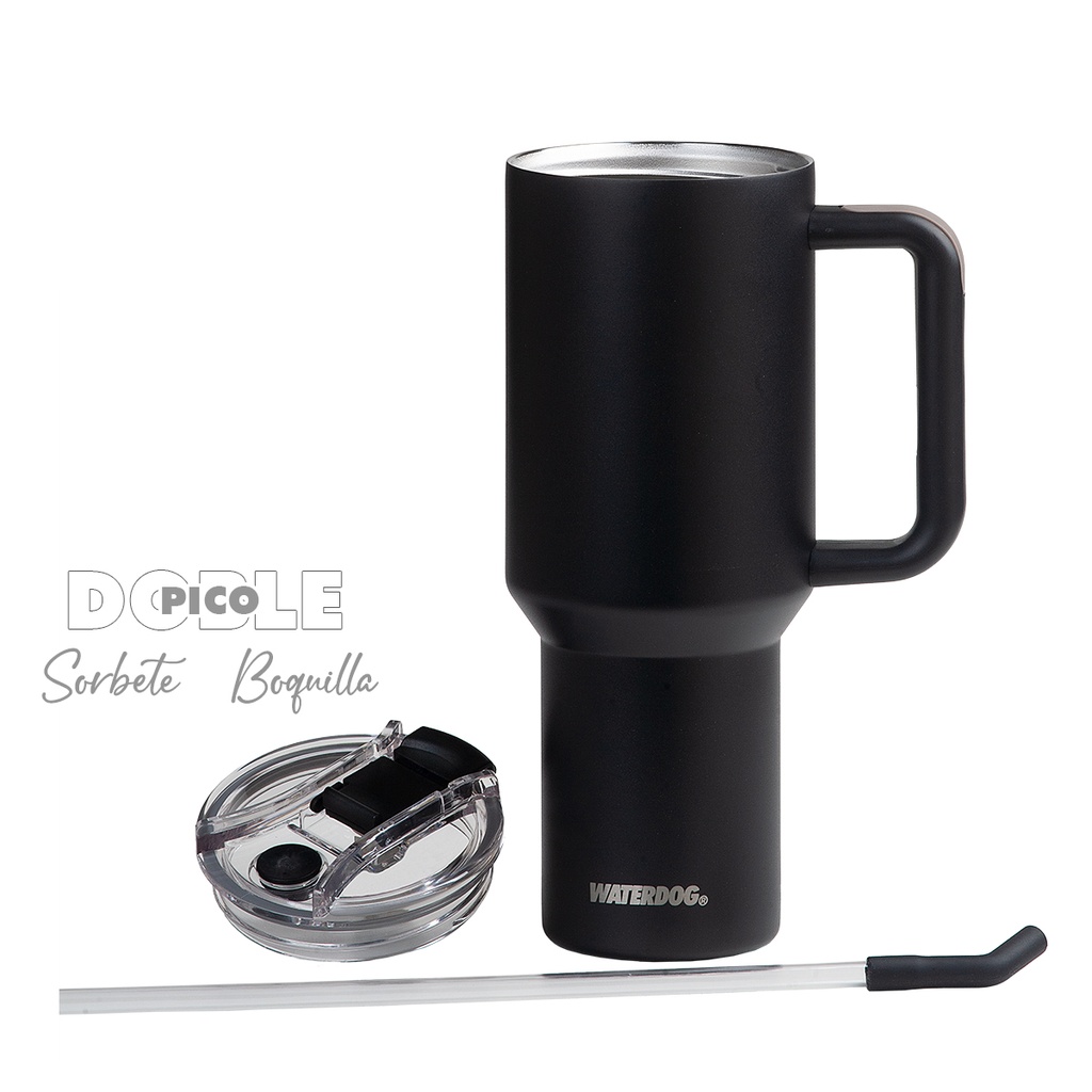 VASO DOBLE PARED NEGRO DE ACERO INOXIDABLE AISI-304 - CON SORBETE REBATIBLE Y MANIJA DESMONTABLE WATERDOG