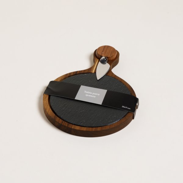 TABLA REDONDA DE ACACIA Y LAJA CON CUCHILLO PARA Q