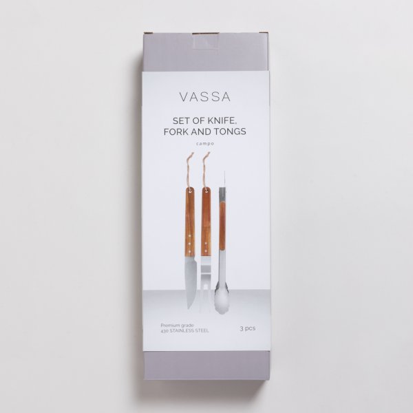 SET DE ASADO Y PINZA DE ACERO INOXIDABLE CON MADERA DE ACACIA VASSA HOME