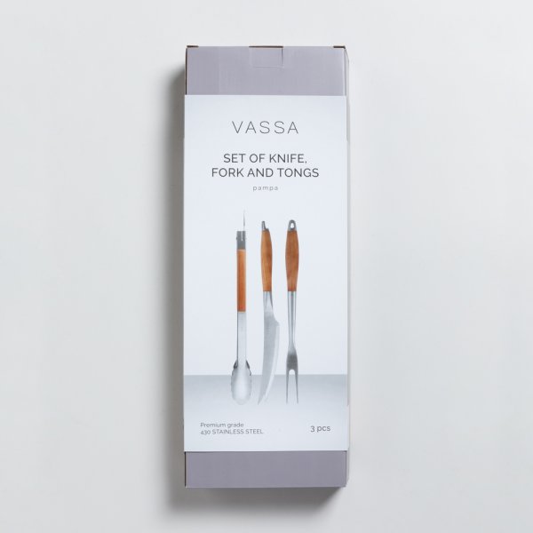 SET DE ASADO Y PINZA DE ACERO INOXIDABLE Y MADERA DE ACACIA VASSA HOME