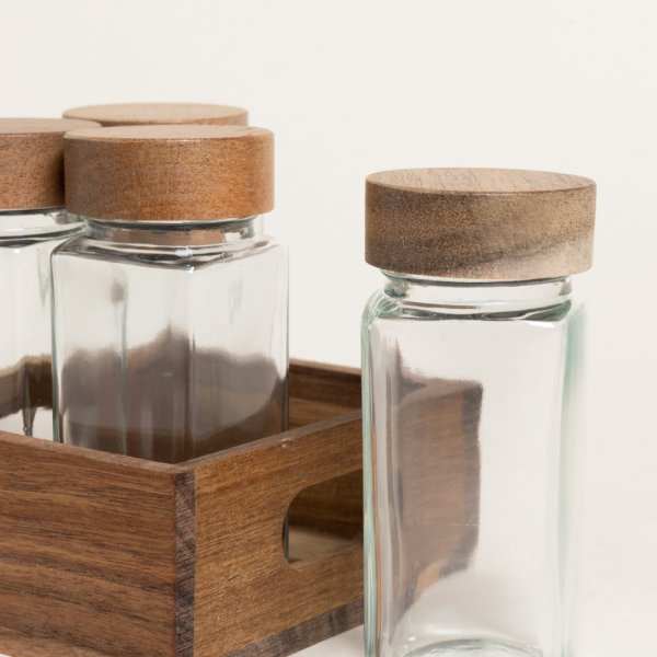 SET X 4 ESPECIEROS DE VIDRIO CON MADERA DE ACACIA