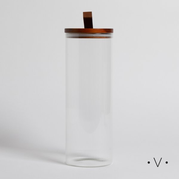 FRASCO REDONDO VIDRIO CON RAYAS Y TAPA ACACIA 1150 ML VASSA HOME