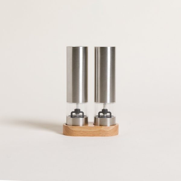 SET DE SALERO Y PIMENTERO AUTOMATICO ACERO BASE MADERA