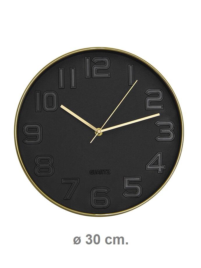 RELOJ DE PARED NEGRO BORDE DORADO 30 CM RL30202