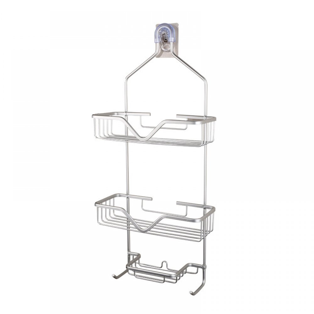 SOPORTE PARA DUCHA RECTANGULAR CON 2 CANASTOS, JABONERA Y 2 GANCHOS PARA COLGAR 64X28CM DE ALUMINIO