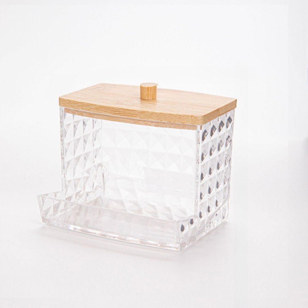 PORTA HISOPOS RECTANGULAR CON CUADRADOS Y TAPA BAMBOO 9X5,8X7CM