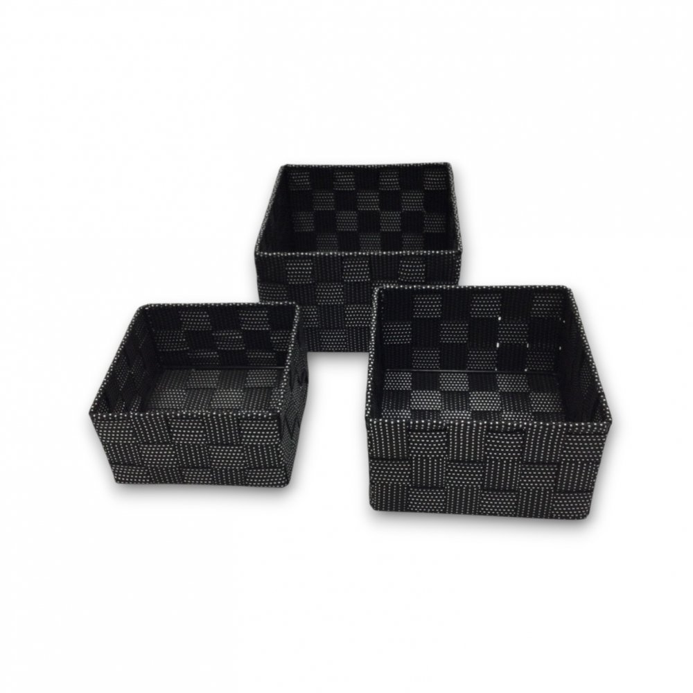 SET X3 CANASTOS CUADRADOS NEGROS CON PUNTOS BLANCOS 14X14X7,5 / 16X16X9,5 / 18X18X11CM DE PLÁSTICO