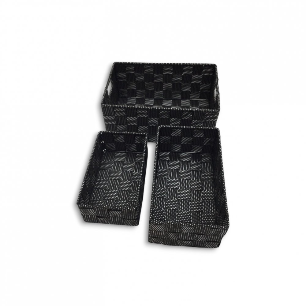 SET X 3 CANASTOS RECTANGULARES NEGROS CON PUNTOS BLANCOS 26X17X11 / 23X13X9 / 19X11X7CM DE PLÁSTICO
