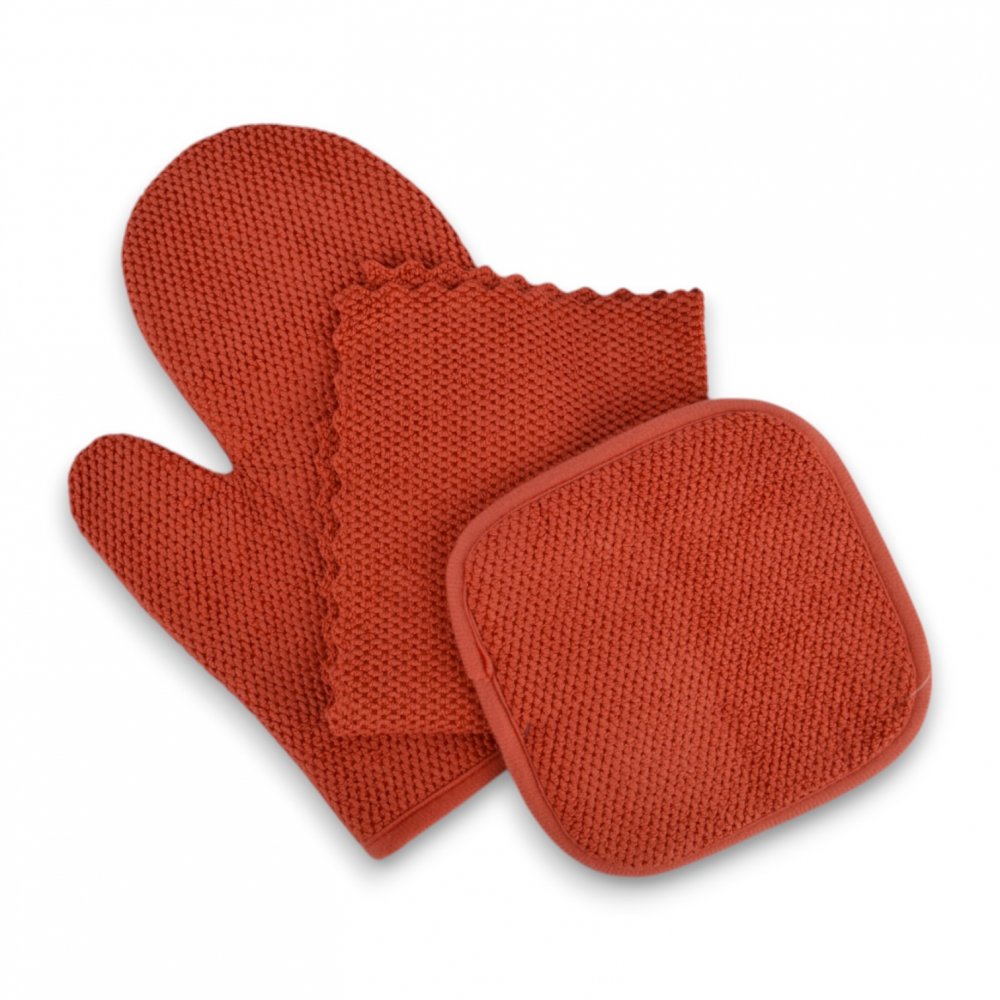 SET X3 PIEZAS (2 AGARRADERAS + 1 PAÑO) LISO ROJO