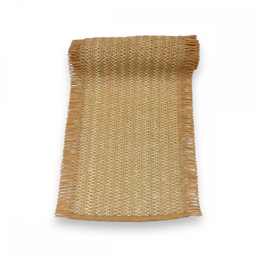 CAMINO TRAMADO CON FLECOS LATERALES BEIGE CLARO/NATURAL 30X180CM DE FIBRA