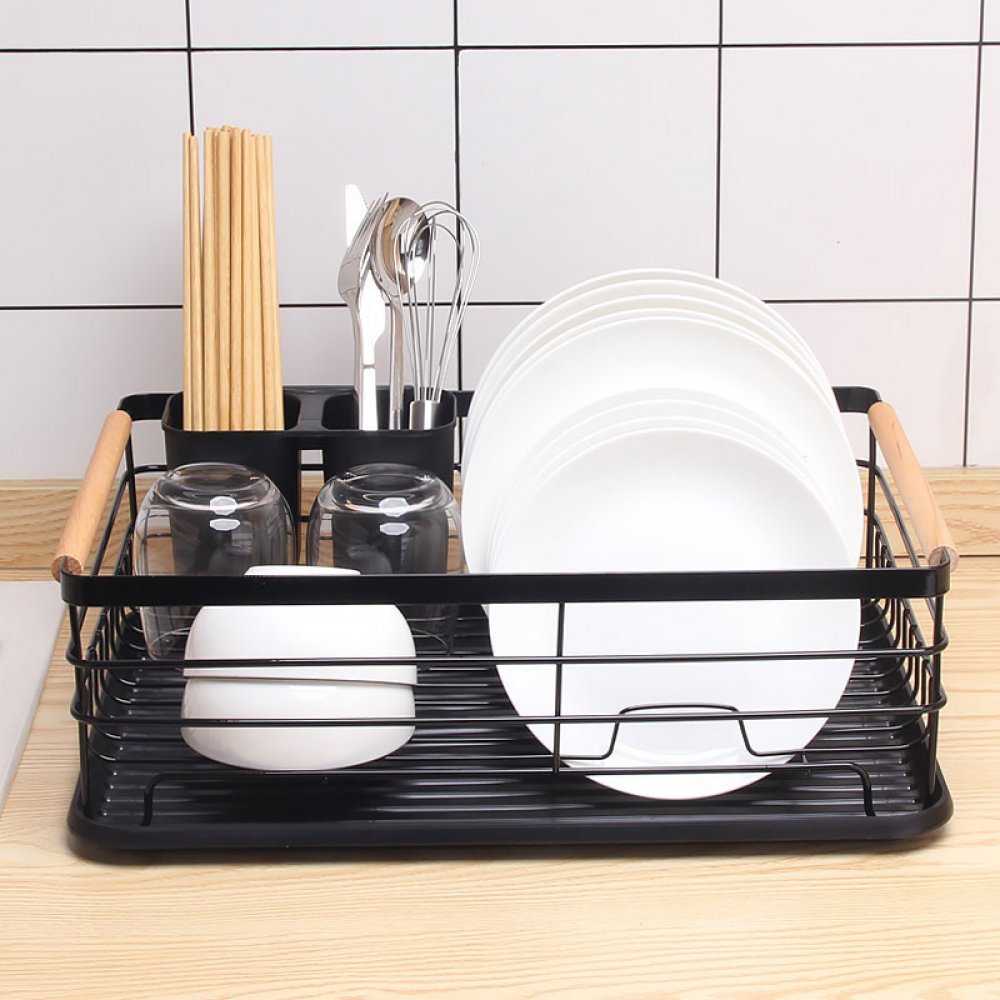  SECAPLATOS DE METAL NEGRO CON ASA DE BAMBOO, CON SOPORTE PORTA CUBIERTOS Y BANDEJA DE PLÁSTICO NEGRO 39X29,5CM