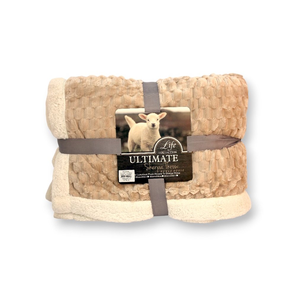 MANTA 200 X 230CM CORDERITO BEIGE CON BORDE BLANCO