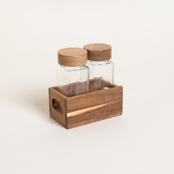 SET X 2 ESPECIEROS DE VIDRIO CON MADERA DE ACACIA
