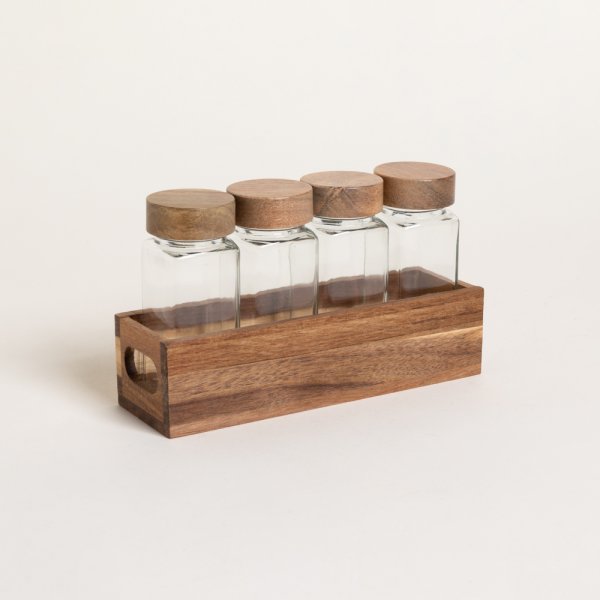 [4114150] SET X 4 ESPECIEROS DE VIDRIO CON MADERA DE ACACIA