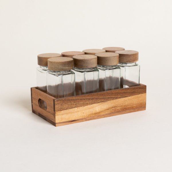 [4114152] SET X 8 ESPECIEROS DE VIDRIO CON MADERA DE ACACIA