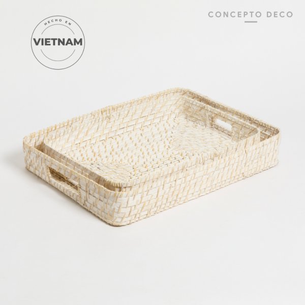 BANDEJA SET X 2 RATTAN G:45X7CM C:39X6CM BLANCO
