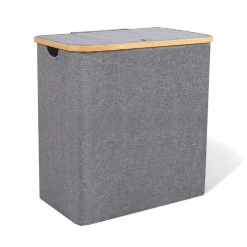 CESTO DE ROPA DOBLE GRIS CON TAPA BORDE BAMBOO 54X33X58CM TELA