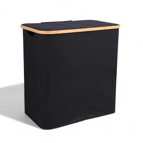 CESTO DE ROPA DOBLE NEGRO CON TAPA BORDE BAMBOO 54X33X58CM TELA