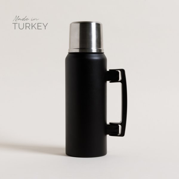 TERMO CAMPING DE ACERO INOXIDABLE NEGRO CON ASA ABATIBLE 1000 ML