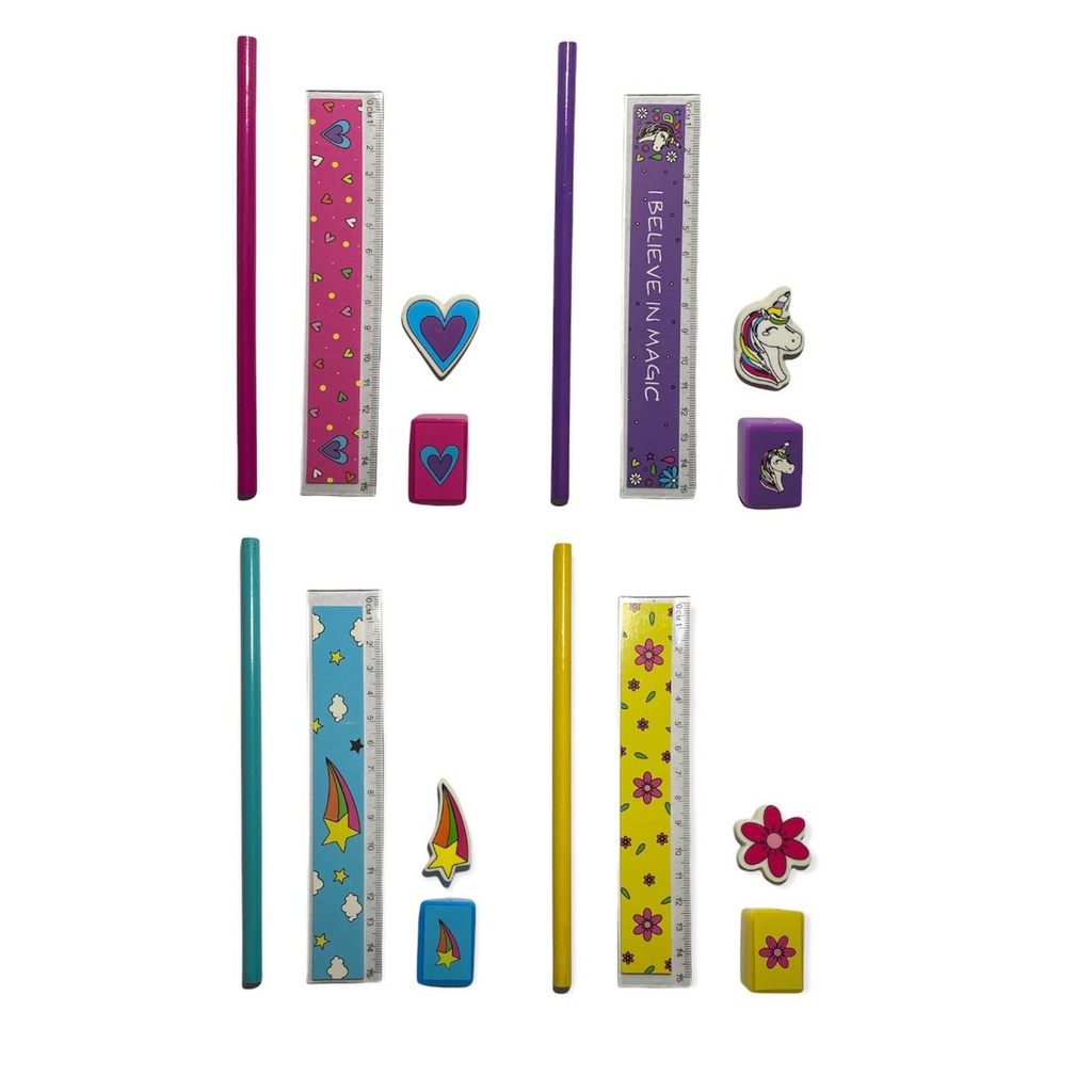 [1111934] SET  REGLA 15 CM + LAPIZ + GOMA + SACAPUNTAS CARA COLORES