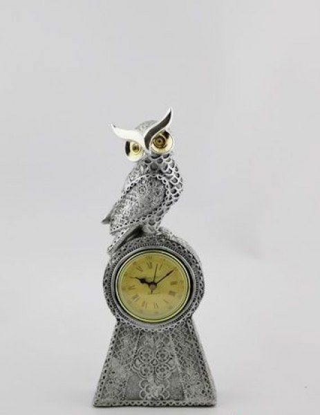 LECHUZA RELOJ POLYRESINA X 26,5 CM SILVER