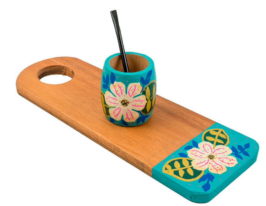 BANDEJA N10 CON MATE MADERA PINTADO TURQUEZA FLORES