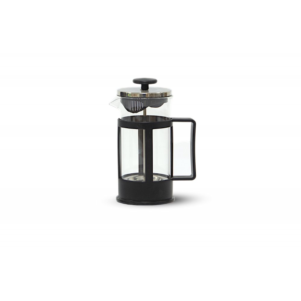 OFERTA CAFETERA DE VIDRIO CON ASA Y SOPORTE PLÁSTICO NEGRO Y TAPA RECTA METALICA 1000 ML