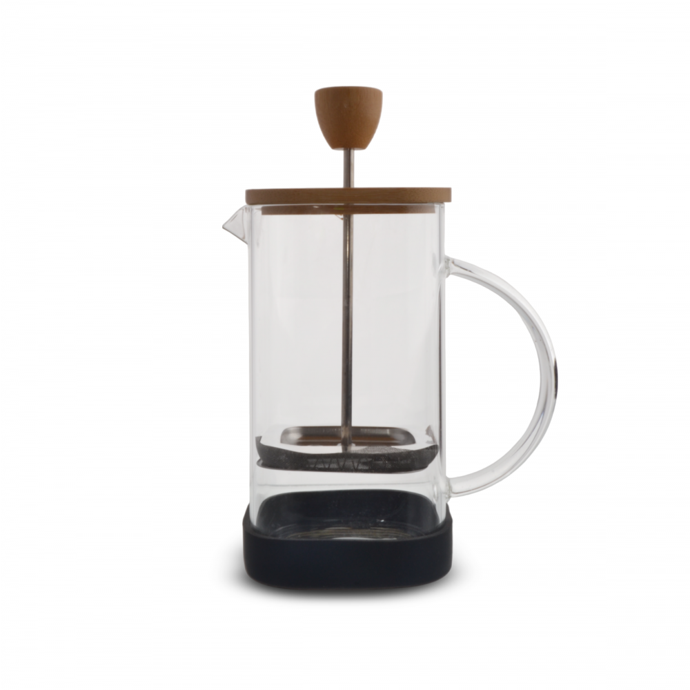 CAFETERA CUADRADA CON TAPA DE BAMBOO, ASA DE VIDRIO Y BASE NEGRA 350ML 6,2 X 6,2 X 17,5 CM DE VIDRIO