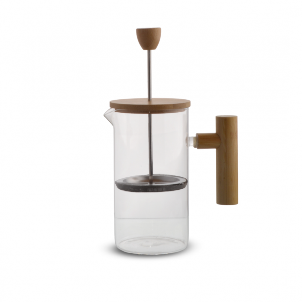 CAFETERA CON TAPA Y MANGO DE BAMBOO 350ML 7,2 X 17 CM DE VIDRIO