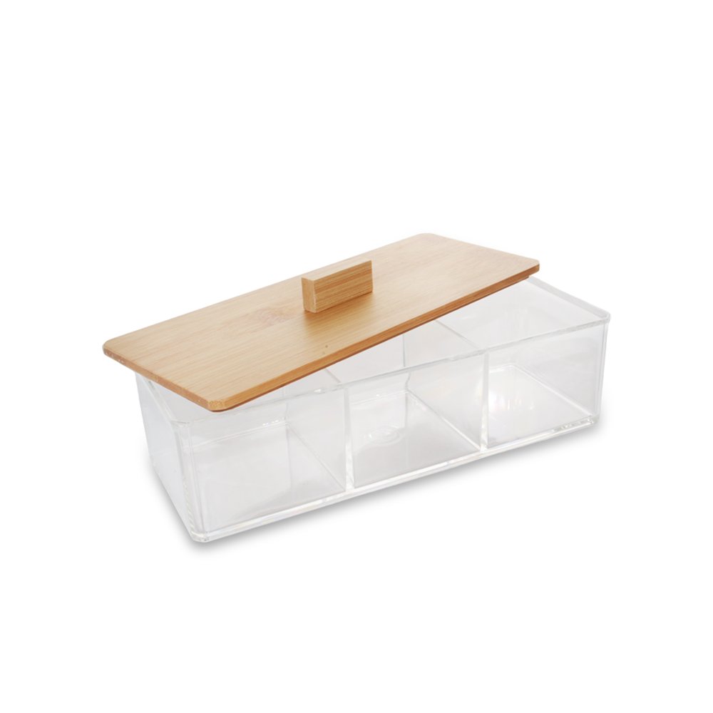 ORGANIZADOR PARA BAÑO ACRÍLICO CON 3 DIVISIONES Y TAPA DE BAMBOO 23,3X9,2X8,4CM