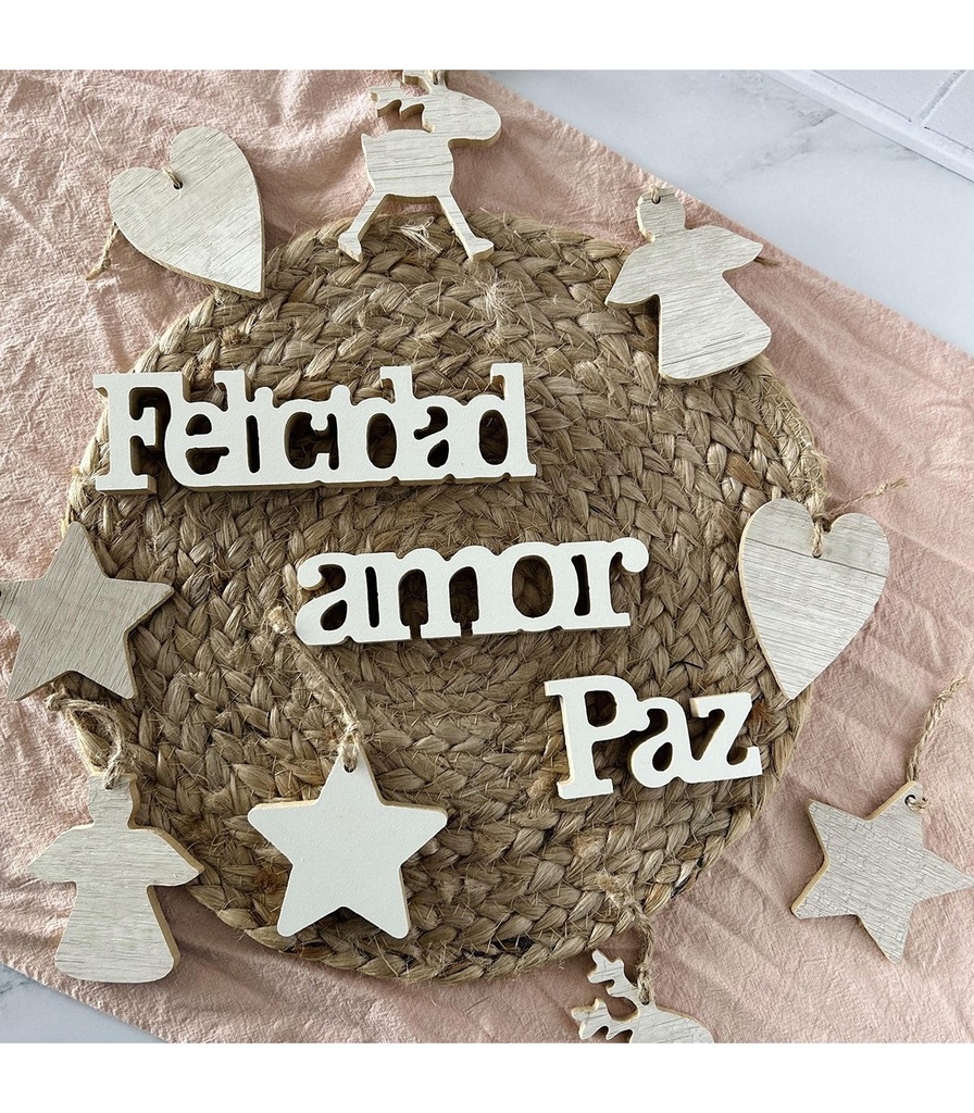ADORNOS DE PALABRAS Y FIGURAS DE MADERA COLGANTES 9 CM X 8 ESTILO DOMINGO