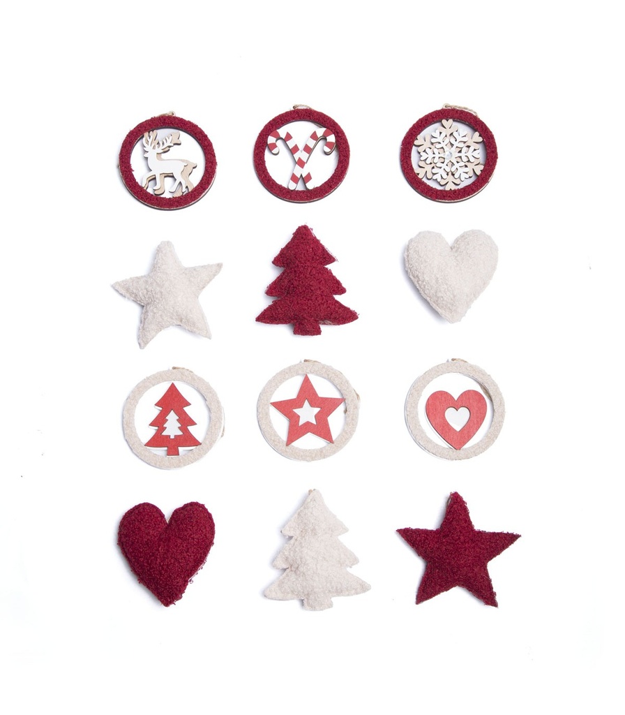 ADORNO PARA EL ÁRBOL DE TELA Y MADERA ROJO Y BLANCO 10 CM