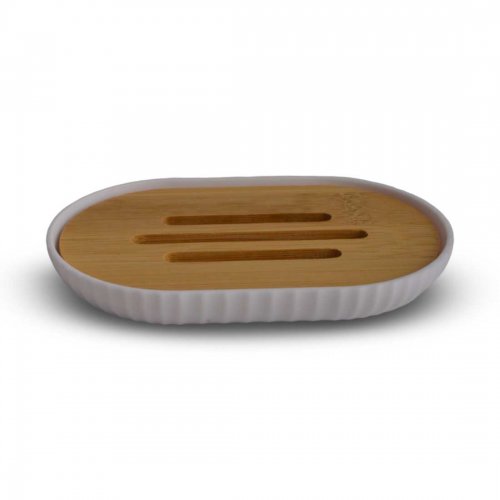 JABONERA OVAL BLANCA CON RAYAS VERTICALES CON TAPA DE BAMBOO 12,5X8CM DE PLÁSTICO