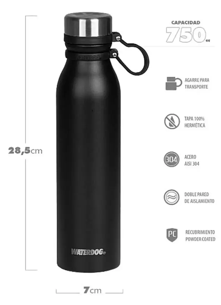 BOTELLA DEPORTIVA ACERO INOX 750 CC NEGRO WATERDOG