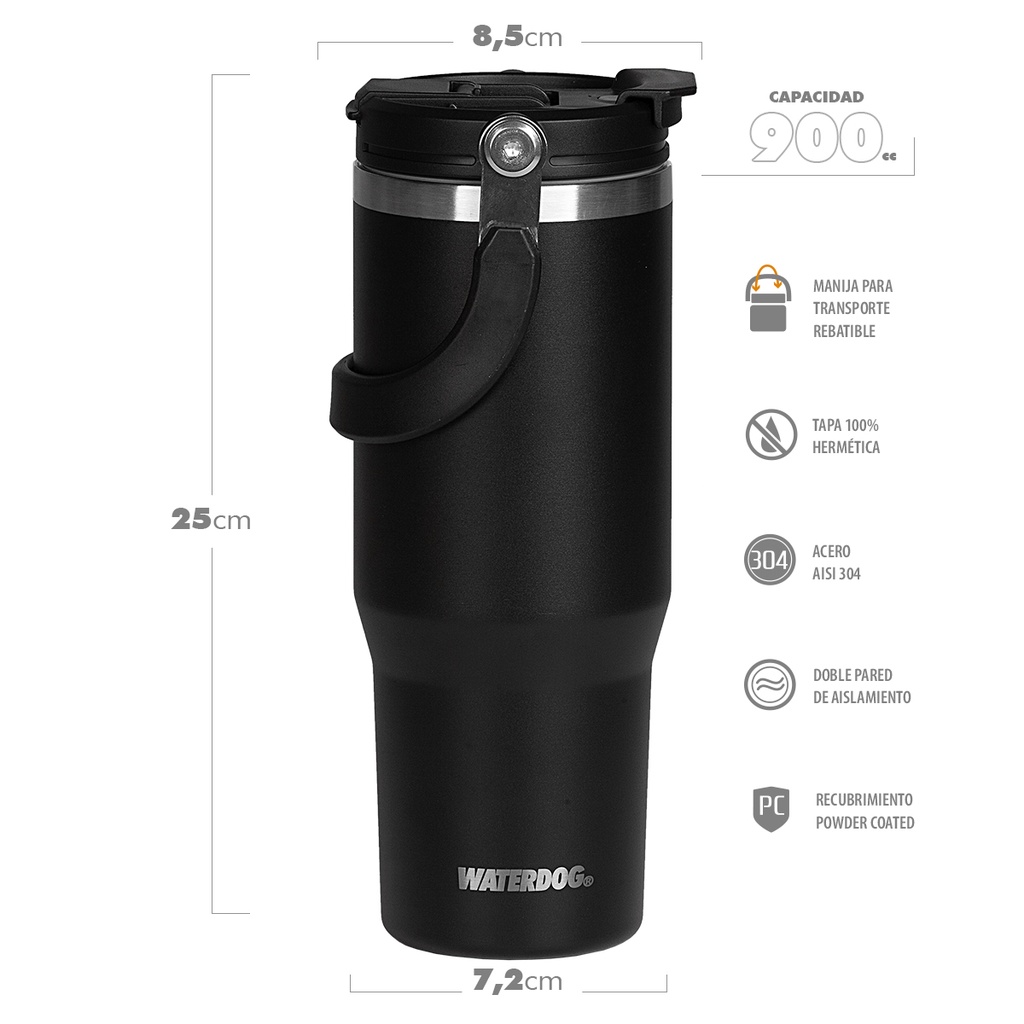 VASO DOBLE PARED 900 CC NEGRO AISI 304 NEGRO WATERDOG