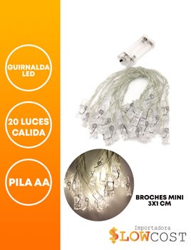 GUIRNALDA LED BROCHES MINI 3 X 1M 20 LUCES CALIDA 4 M PILLA AA