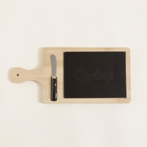[411133] TABLA DE QUESOS BAMBOO Y VIDRIO NEGRO CON CUCHILLO 38X18 CM