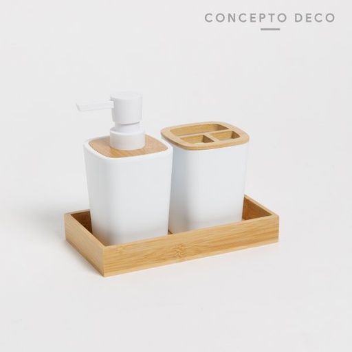 [165499] SET DE BAÑO X3 BANDEJA SILICONADO BLANCO Y BAMBOO