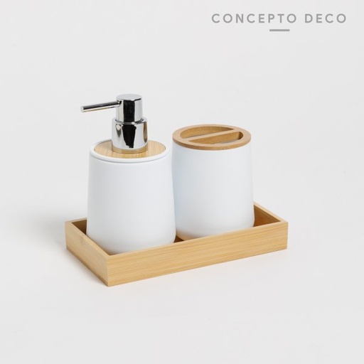 [165500] SET DE BAÑO X3 BANDEJA SILICONADO BLANCO Y BAMBOO