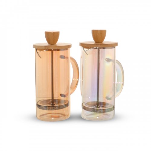 [2561412] CAFETERA CON TAPA DE BAMBOO COLORES SURTIDOS 350ML 7,2X17CM DE VIDRIO