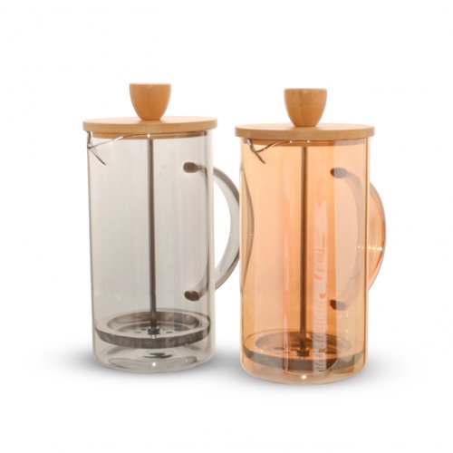 [2561413] CAFETERA CON TAPA DE BAMBOO COLORES SURTIDOS 600ML 9X19CM DE VIDRIO