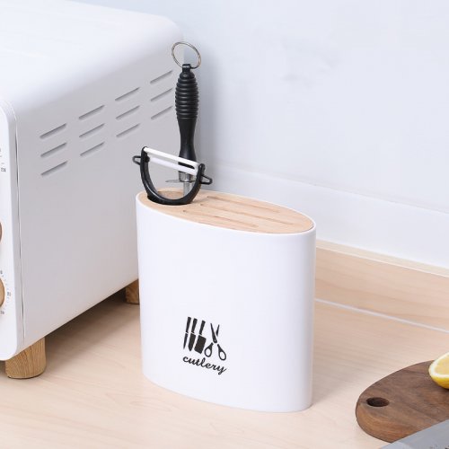 [2561374] PORTA UTENSILLOS OVAL BLANCO TAPA DE BAMBOO 7X16,5X15,6CM 