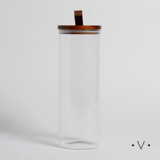 [4112918] FRASCO REDONDO VIDRIO CON RAYAS Y TAPA ACACIA 1150 ML VASSA HOME