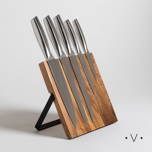[4113003] TACO IMANTADO DE ACACIA X 5 CUCHILLOS ACERO INOXIDABLE VASSA HOME
