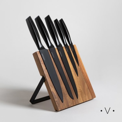 [4113004] TACO IMANTADO DE ACACIA X 5 CUCHILLOS ACERO BLACK VASSA HOME