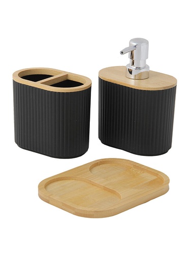 [141276] SET DISPENSER DE JABON (12x8x16 cm), PORTACEPILLO DE DIENTE (12x8x10 cm) y BASE BAMBOO (16,5x12,5cm) BA4063