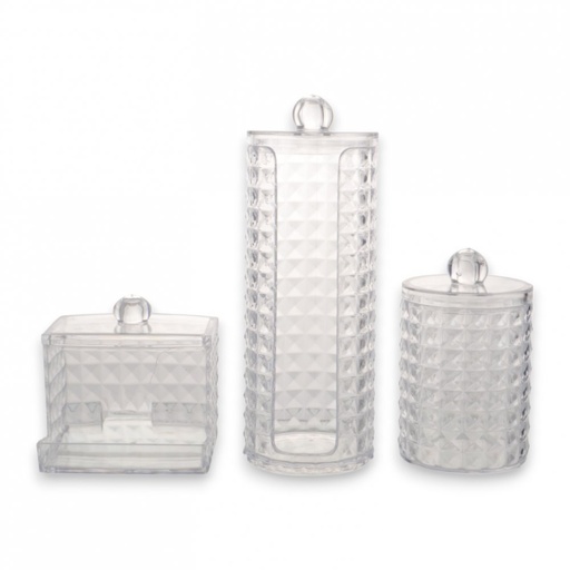 [2561524] SET X3 PIEZAS (PORTA TOALLAS DESMAQUILLANTES GRANDE Y CHICO, Y PORTA HISOPOS) CON CUADRADOS Y TAPA TRANSPARENTE