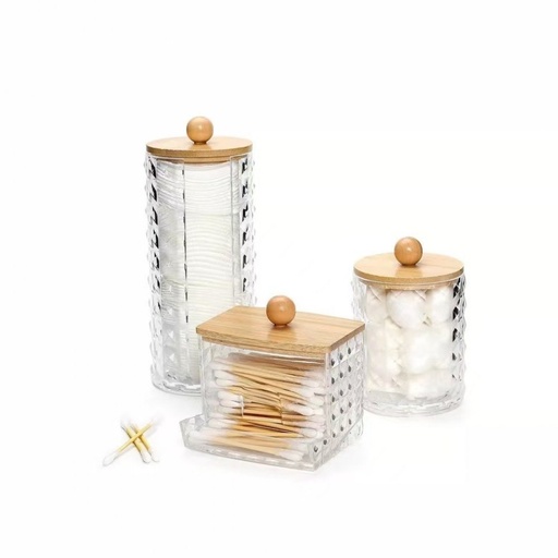 [2561525] SET X3 PIEZAS (PORTA TOALLAS DESMAQUILLANTES GRANDE Y CHICO Y PORTA HISOPOS) CON CUADRADOS Y TAPA DE BAMBOO