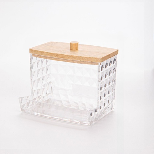 [2561529] PORTA HISOPOS RECTANGULAR CON CUADRADOS Y TAPA BAMBOO 9X5,8X7CM